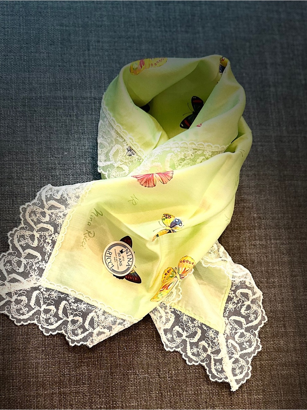 Nina Ricci Handkerchief Lace-Trim Scarf with Butterfly Print - Yellow